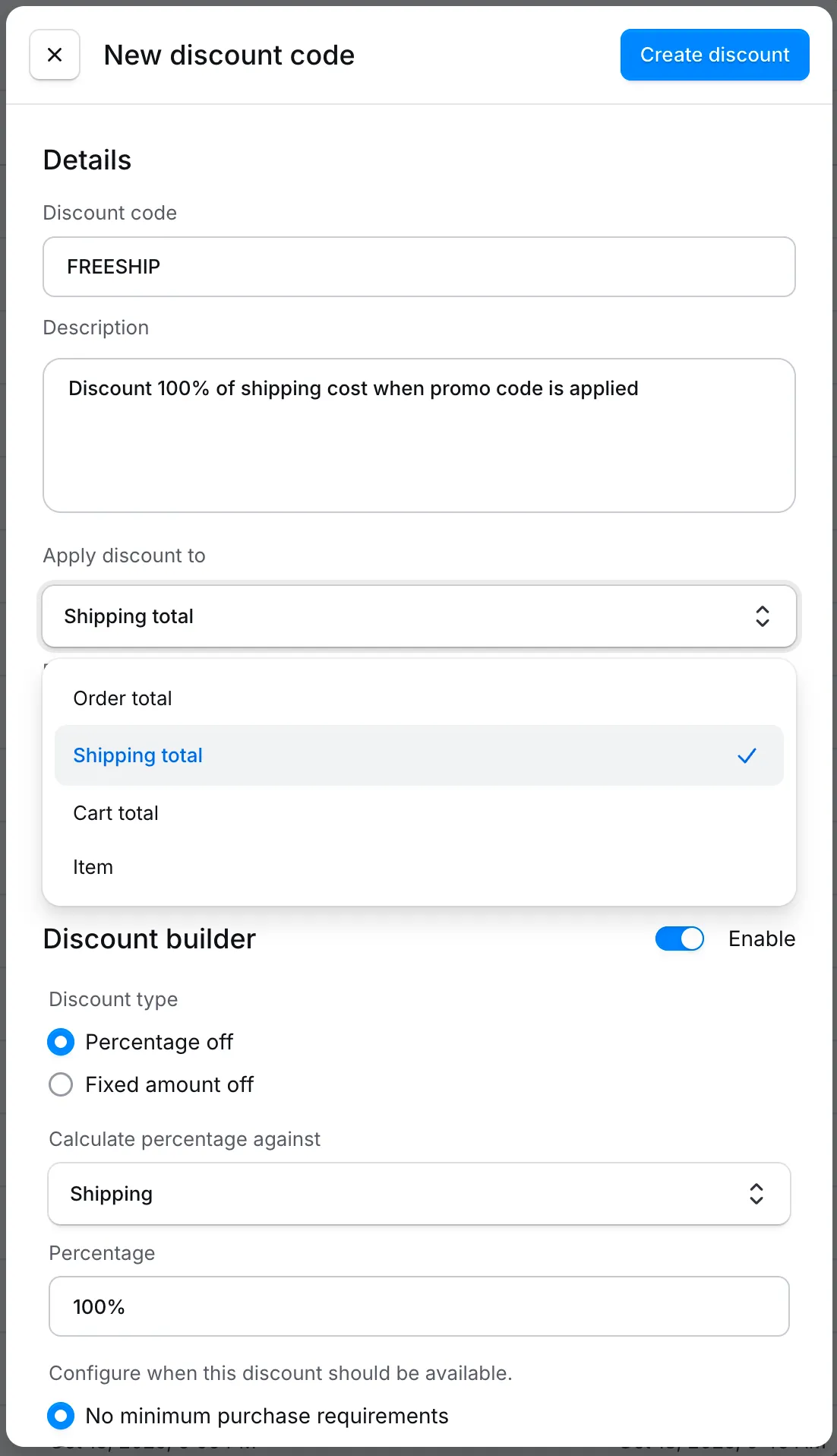 Apply-discount-to dropdown showing Order total, Shipping total, Cart total, and Item options.